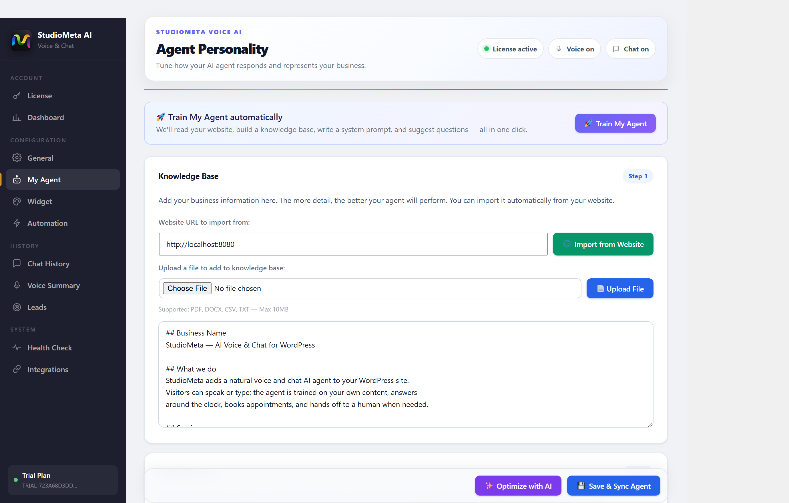 Agent Personality screen: import a knowledge base and let AI write the system prompt.