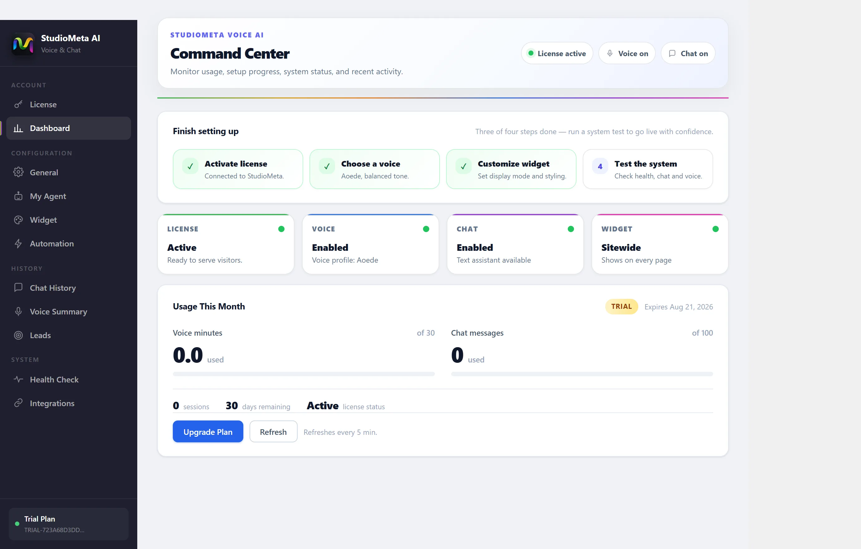 StudioMeta plugin dashboard in WordPress admin, showing license, voice, chat and widget status.