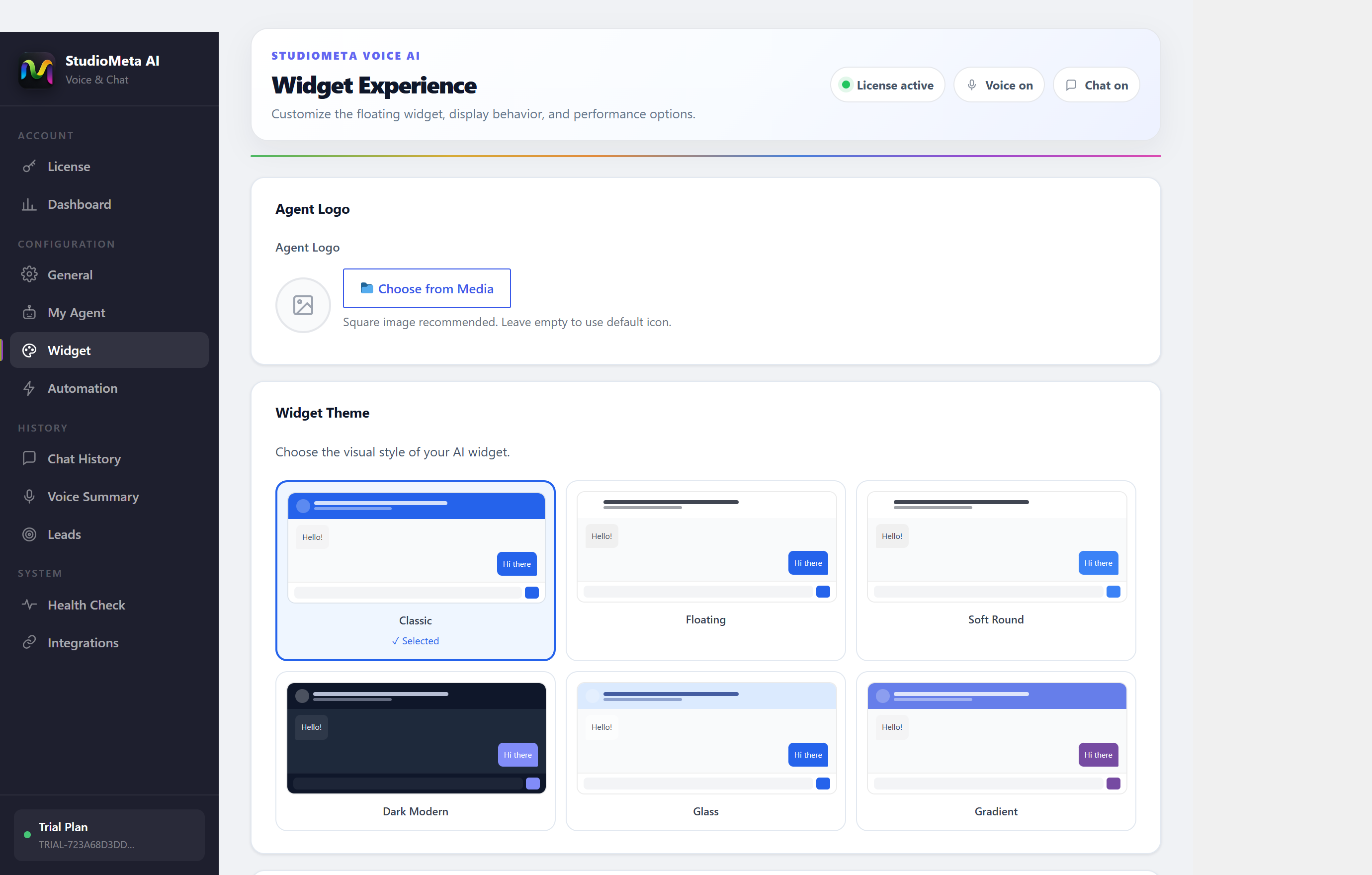 Widget theme picker with Classic, Floating, Soft Round, Dark Modern, Glass and Gradient styles.