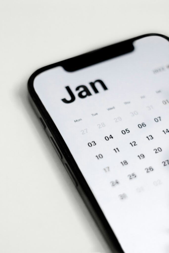 Close-up of a phone calendar app showing January