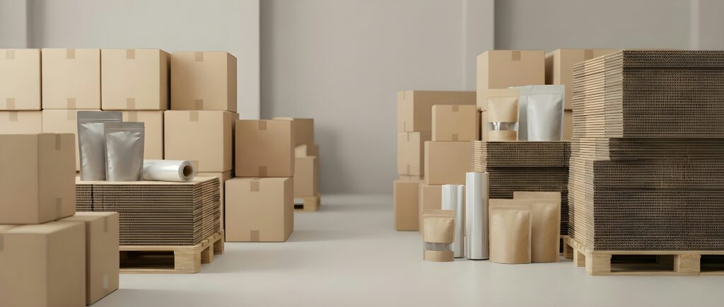 Shipping boxes and packaging in a warehouse