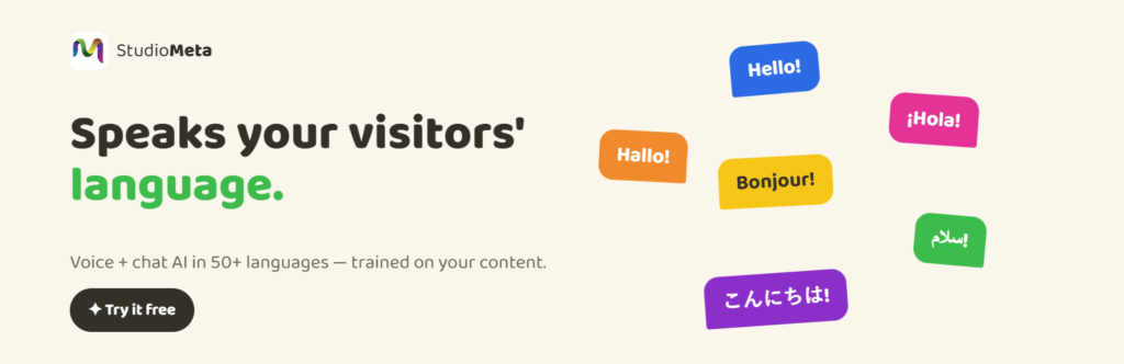StudioMeta Voice AI banner: speaks your visitors language, voice and chat AI in 50+ languages