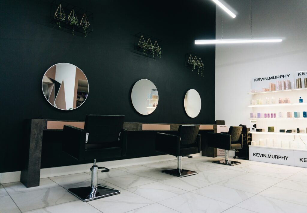 Salon chairs and mirrors in a modern hair salon