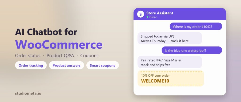 AI chatbot on a WooCommerce store answering order status, product questions and coupons